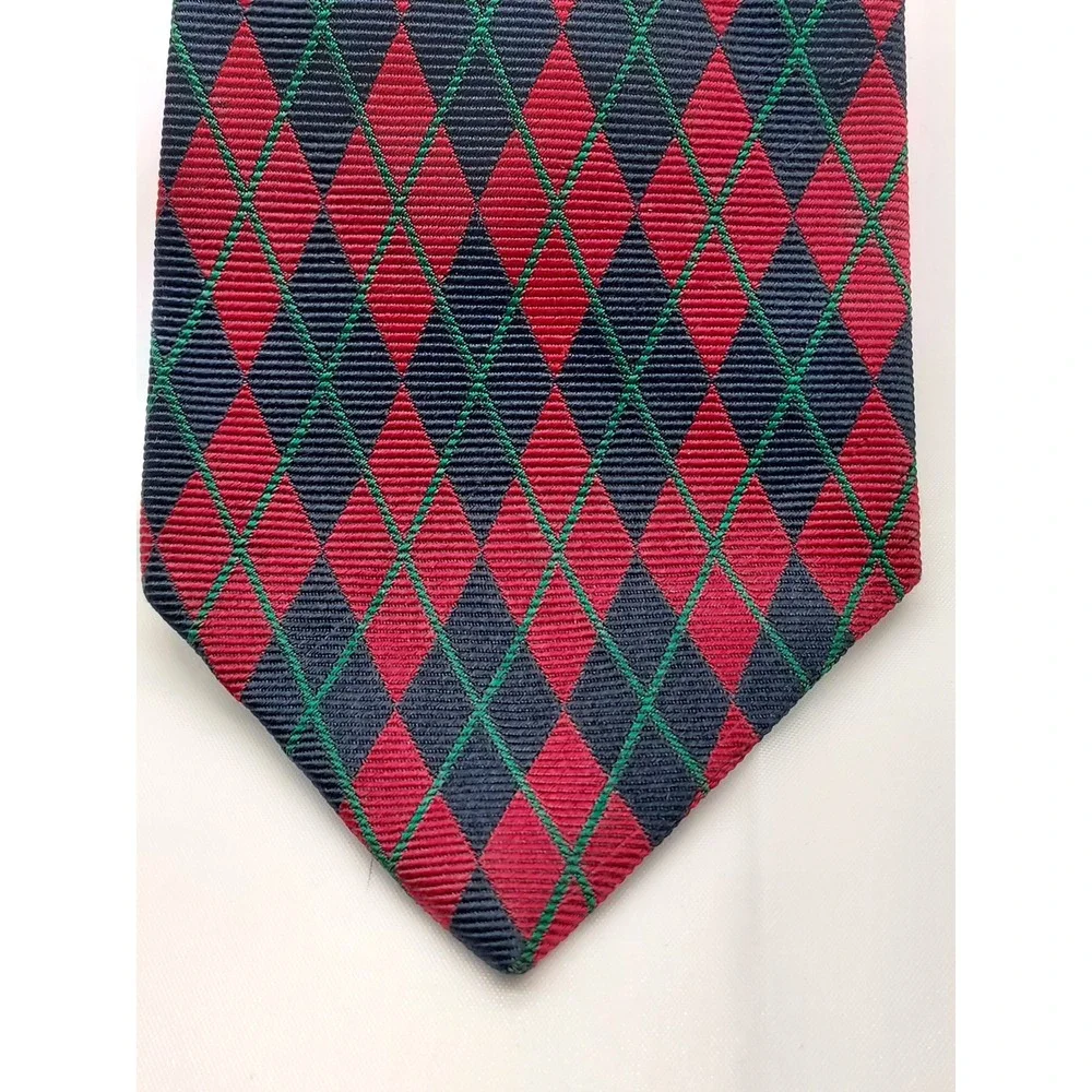 Chaps Ralph Lauren Mens Silk Tie Red Navy Blue Argyle Diamond Pattern T072